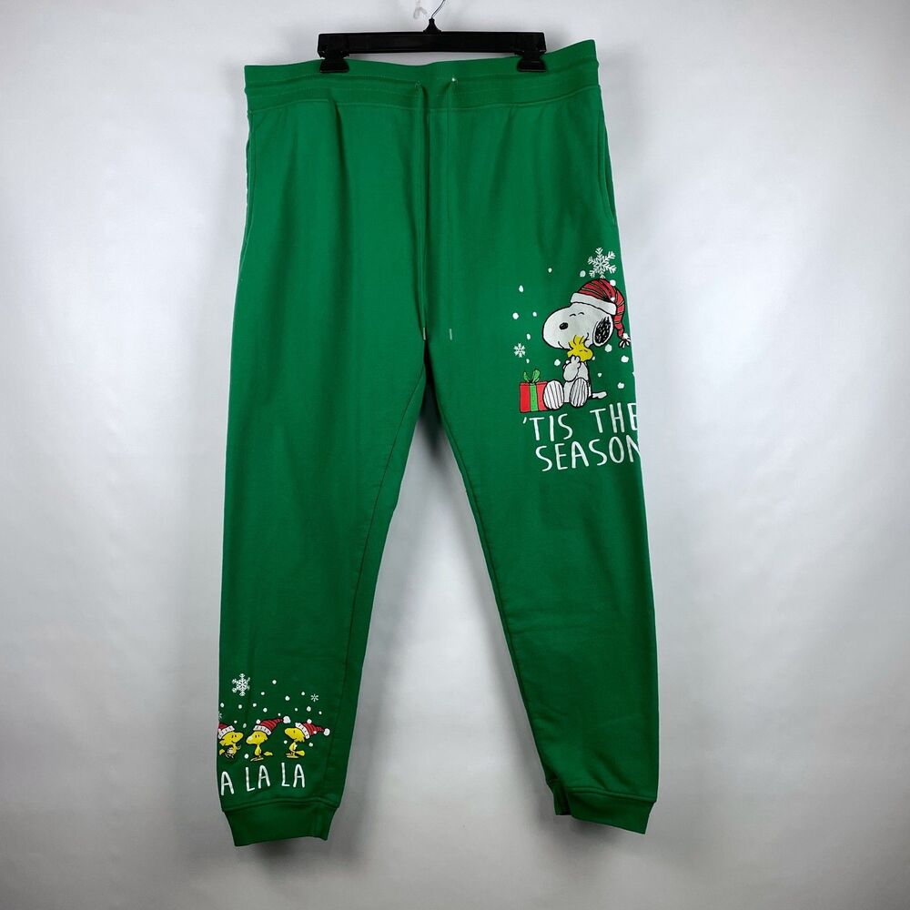 Peanuts Snoopy Christmas Joggers Sweatpants Womens XXL Green Tis The Season
